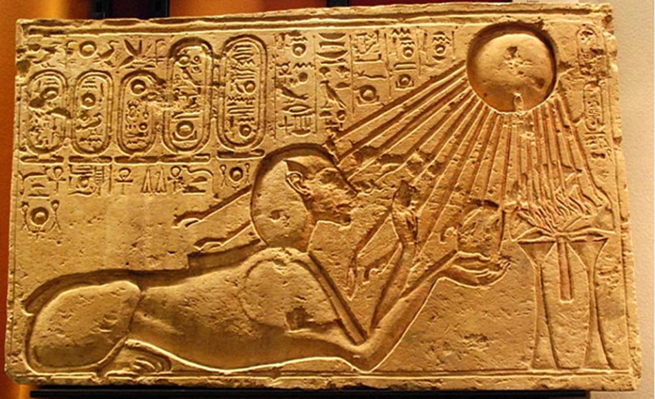 This stone block portrays Akhenaten as a sphinx, adoring Aten. It was originally found in the city of Amarna/Akhetaten. 