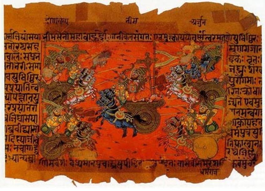 Ancient Hindu texts describe great battles taking place and an unknown weapon that causes great destruction. A manuscript illustration of the battle of Kurukshetra, recorded in the Mahabharata.