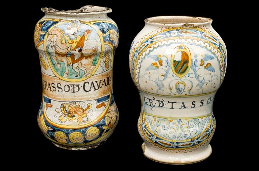 Apothecary drug jars used to store animal fat (horse and badger) for use in ointments, Italy, 1585. 