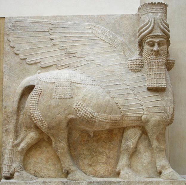 An Assyrian winged bull, or lamassu, from Sargon's palace at Dur-Sharrukin. 