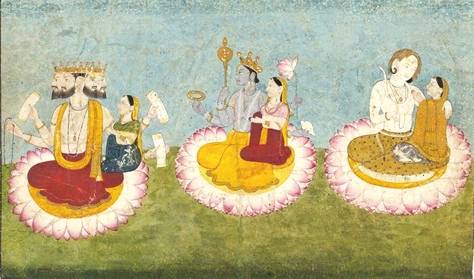Brahma, Vishnu and Shiva seated on lotuses with their consorts, Sarasvati, Lakshmi and Parvati respectively. ca 1770. Guler, India. 
