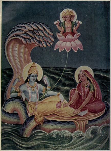 In mythology, Brahma emerges from a lotus risen from Vishnu's navel while he rests on the serpent Shesha. 