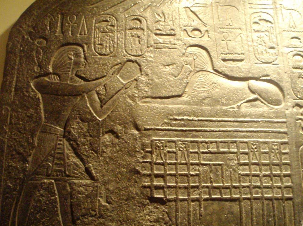 Detail of the “Dream Stele” depicting pharaoh making offering to Sphinx. RC 1834 (Original 1500 - 1390 BC, made of granite, located on the Giza Plateau. 