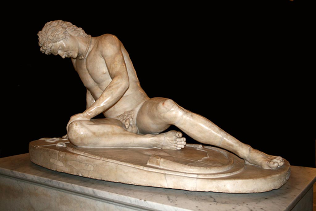 “The Dying Gaul in the Capitoline museum in Rome is an ancient Roman marble copy of a lost Hellenistic bronze sculpture which was commissioned sometime between 230 BC and 220 BC by Attalus I of Pergamon to celebrate his victory over the Celtic Galatians in Anatolia.” 