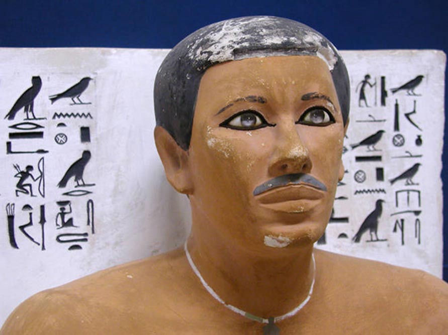 Ancient Egyptian men were generally clean shaven, and a shaven head was a sure sign of nobility.  Rahotep a Third Dynasty official, was believed to be in the minority with his moustache.