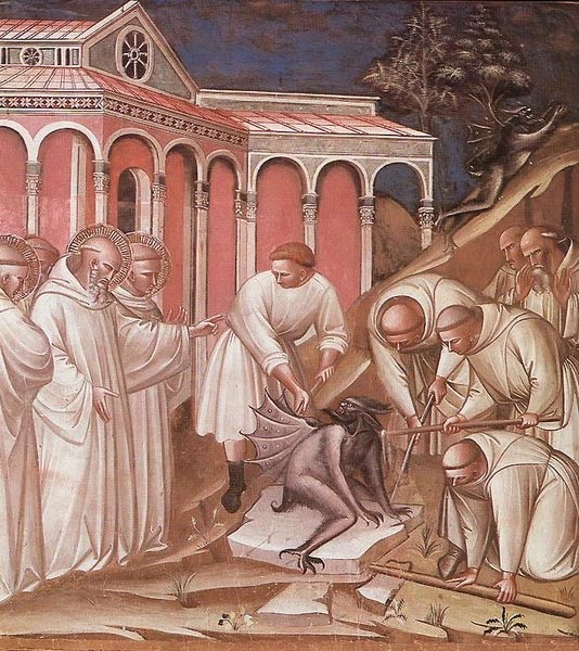 Evil was traditionally considered to be an external force, incarnated by nature or the supernatural. Exorcism of St Benedict by Spinello Aretino, 1387.