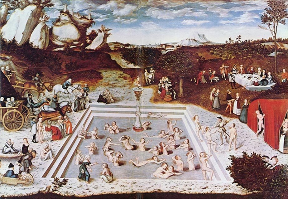 The Fountain of Youth, by Lucas Cranach the Elder, 1546. On the left, the elderly and infirm are brought to the fountain. They enter the curative waters, and are rejuvenated. They exit the pool on the right, and rejoin life with renewed youth and wellness