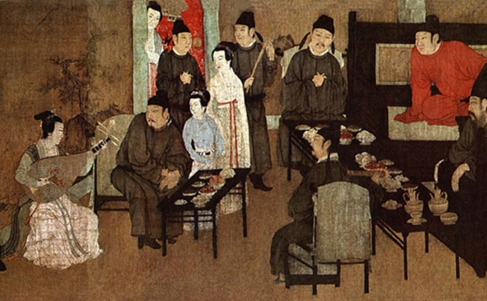 Detail; Night Revels of Han Xizai, painting depicting lady on left entertaining guests with a pipa.