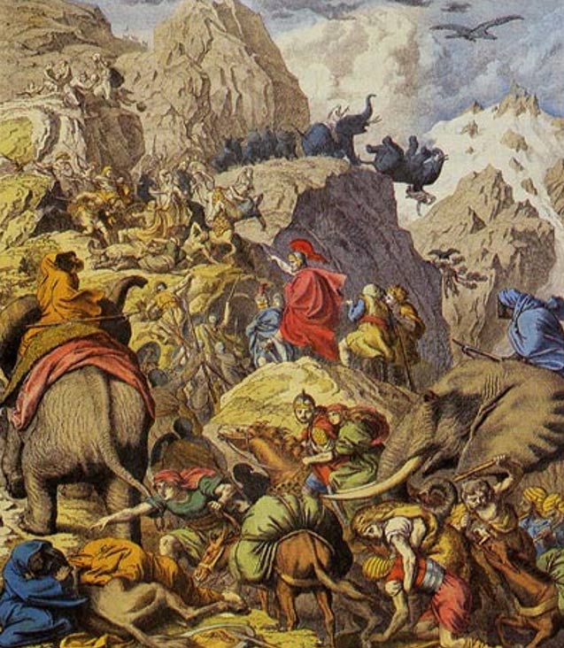 Hannibal and his men crossing the Alps on the backs of war elephants and horses. 