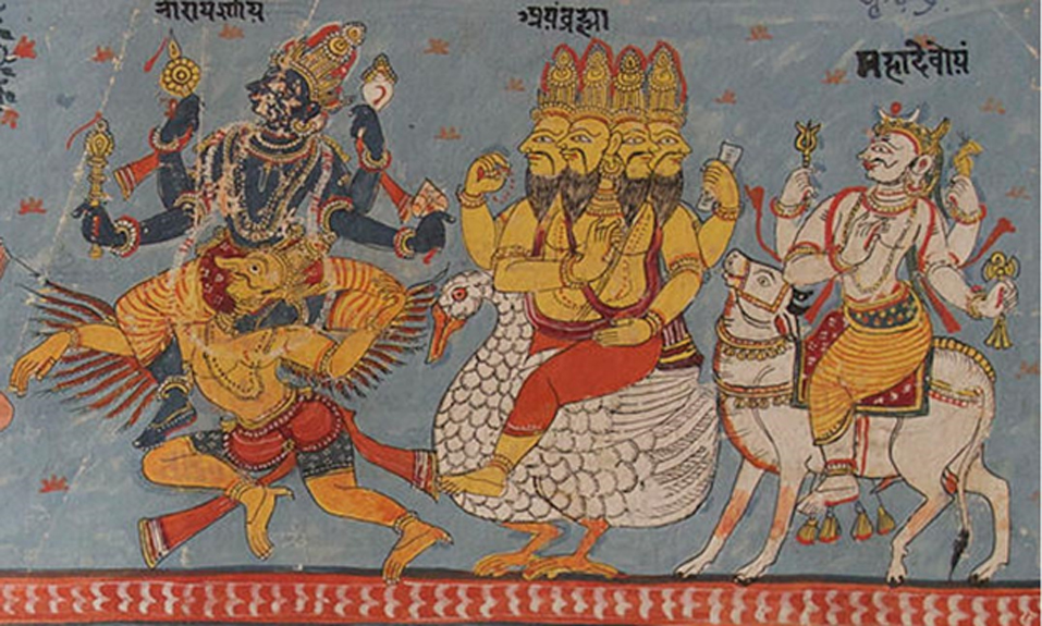 Illustration depicts Vishnu, Brahma and Shiva seated on their respective mounts. 