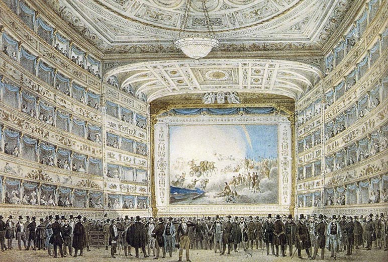 Interior of La Fenice opera house in Venice in 1837. Venice was, along with Florence and Rome, one of the cradles of Italian opera. 