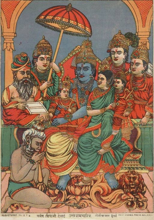 Legendary figures of the Ramayana. Rama with Sita on the throne, with their children Lava and Kusha on their laps. Behind the throne, Lakshmana, Bharat and Shatrughna stand. Hanuman bows to Rama before the throne, Valmiki is to the right. 