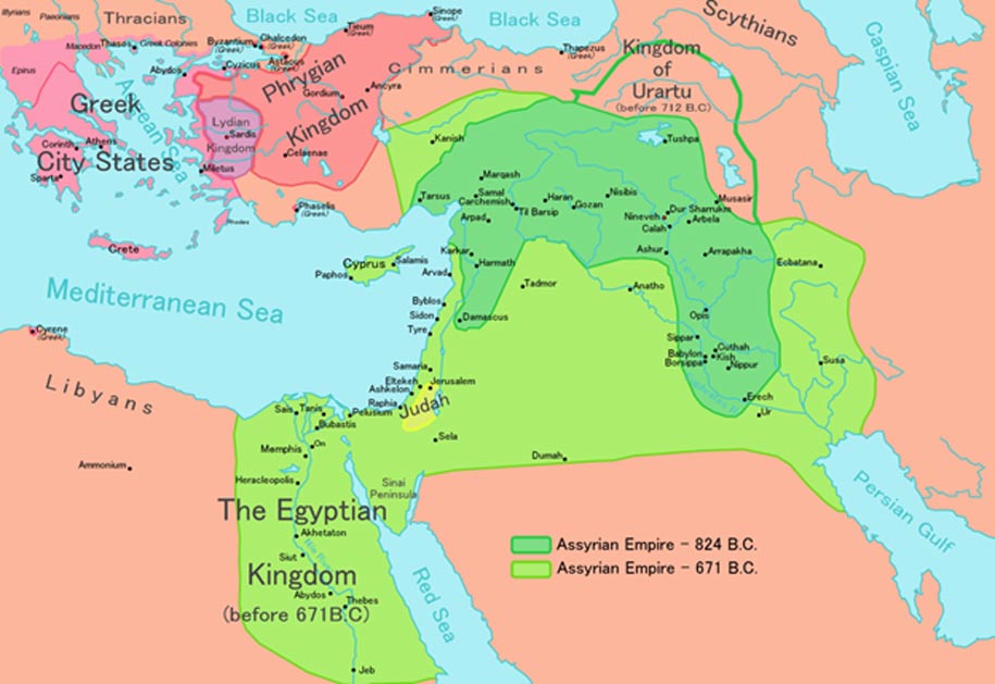 Map of the Neo-Assyrian Empire and its expansions - dark green shows the empire in 824 BCE, light green in 671 BCE. 