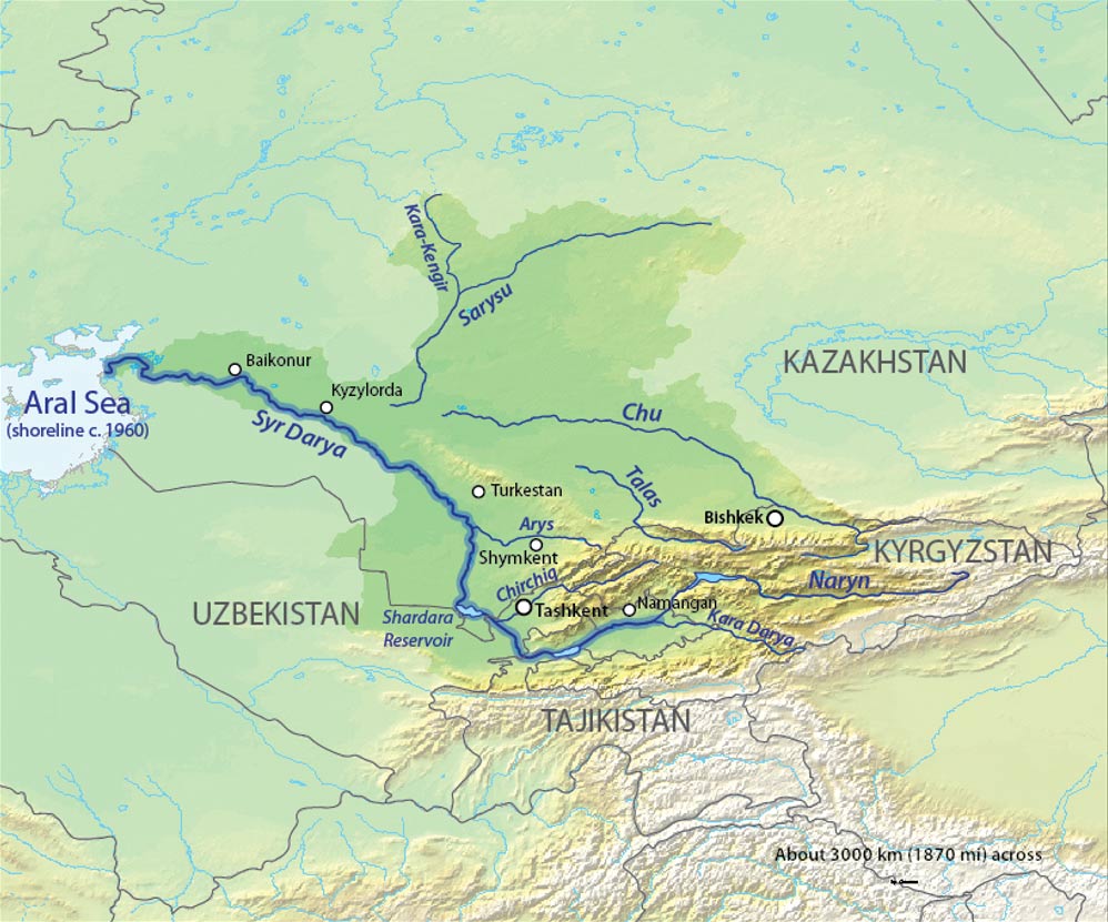 Map of the Syr Darya Basin watershed, of the Syr Darya and Chu Rivers in Central Asia. 