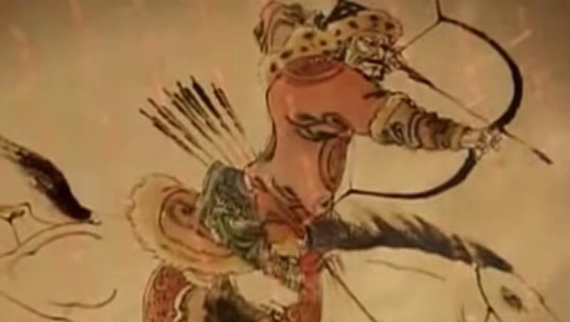 Mongol warrior on horseback, preparing a mounted archery shot. 