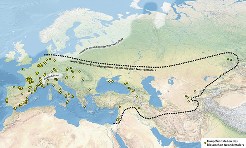 The Neanderthal’s territory – where Neanderthal remains have been found, and maximum extend of ice sheet during Last Glacial Maximum.