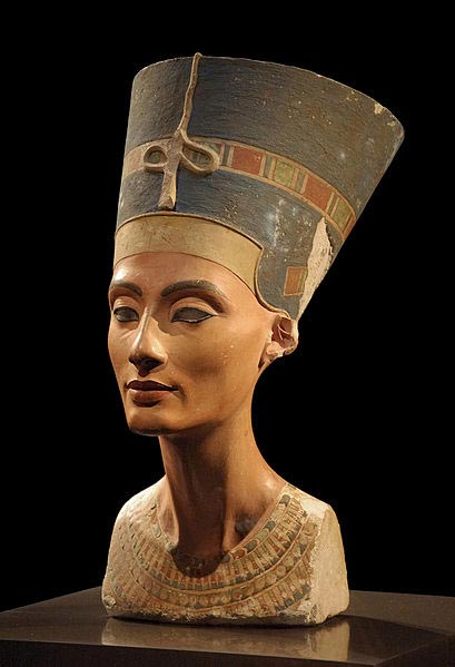 The famous bust of Nefertiti with blue headdress.