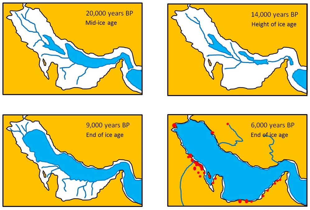Palaeo-shoreline and drainage channels of Persian Gulf valley showing how the Gulf filled as the ice sheets melted. Red dots are Ubaid archaeological sites dating to about 7,000 to 8,000 yrs BP. 
