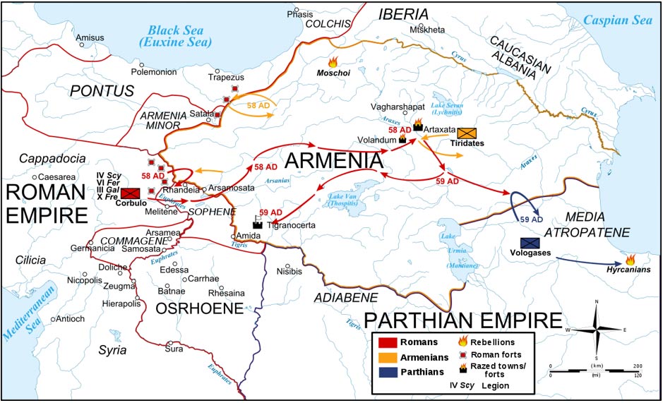 Map of the troop movements during the first two years of the Roman–Parthian War of 58–63 AD over the Kingdom of Armenia, detailing the Roman offensive into Armenia.