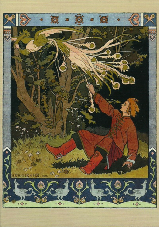Hero of Russian folklore, Ivan Tsarevich catches the Firebird who tries to steal golden apples. 