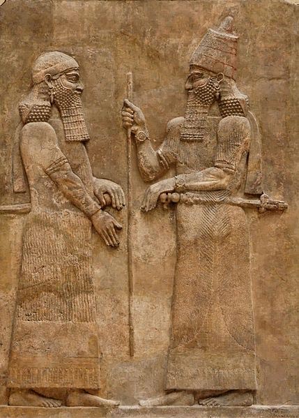 Sargon II and dignitary. Low-relief from the L wall of the palace of Sargon II at Dur Sharrukin in Assyria (now Khorsabad in Iraq), cicrca 716–713 BC. 
