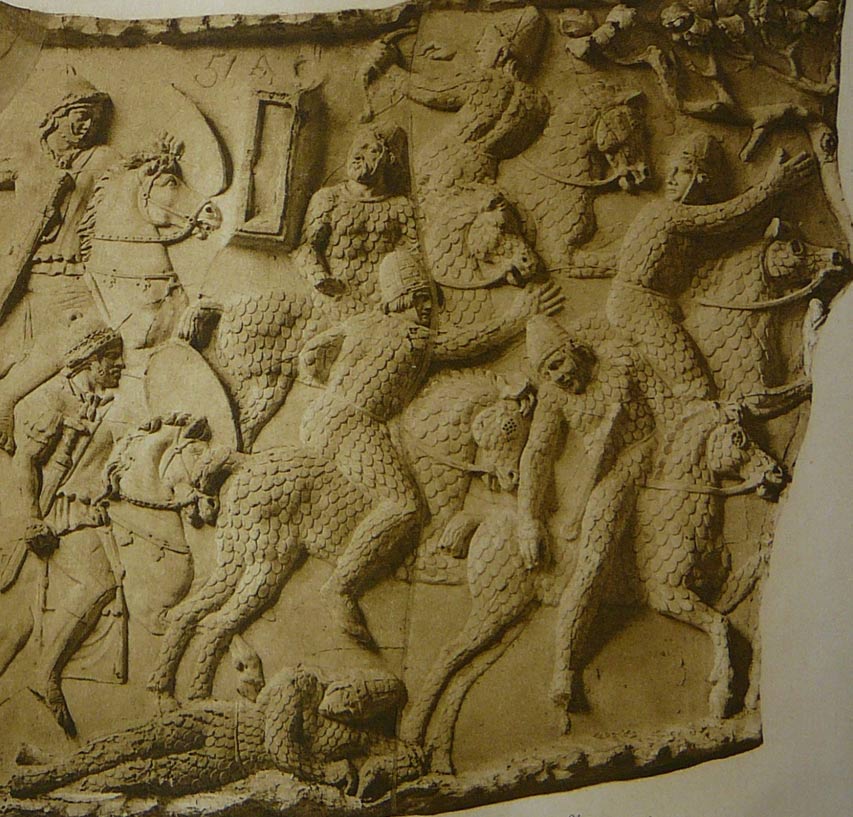 A depiction of Sarmatian cataphracts fleeing from Roman cavalry during the Dacian wars circa 101 AD, at Trajan's Column in Rome. 