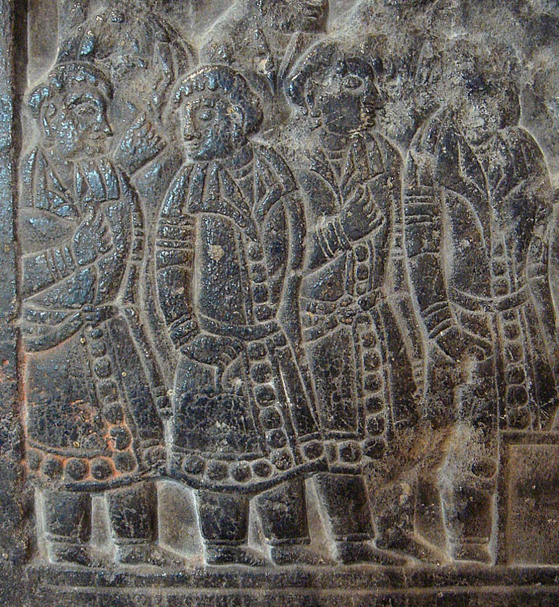 Sogdians, depicted on a Chinese Sogdian sarcophagus of the Northern Qi era. 