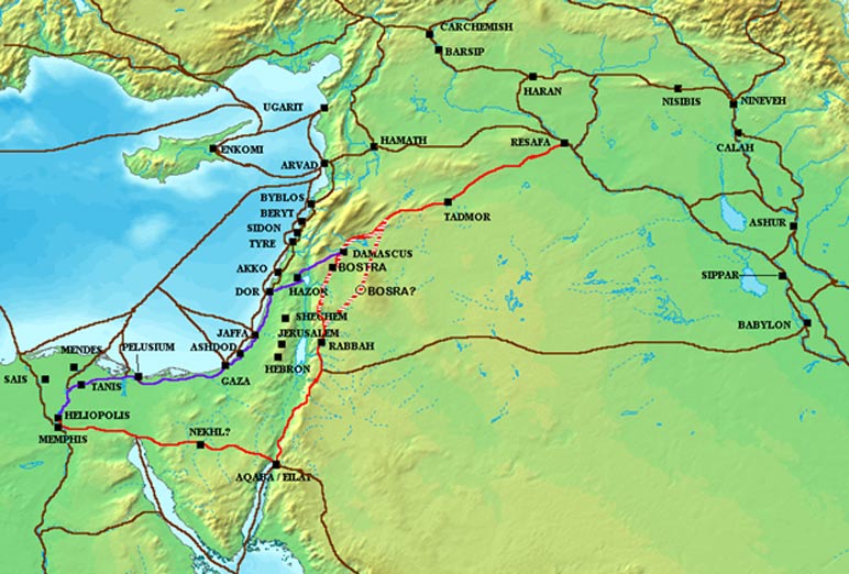 The Via Maris (purple), King's Highway (red), and other ancient Levantine trade routes, c. 1300 BCE.