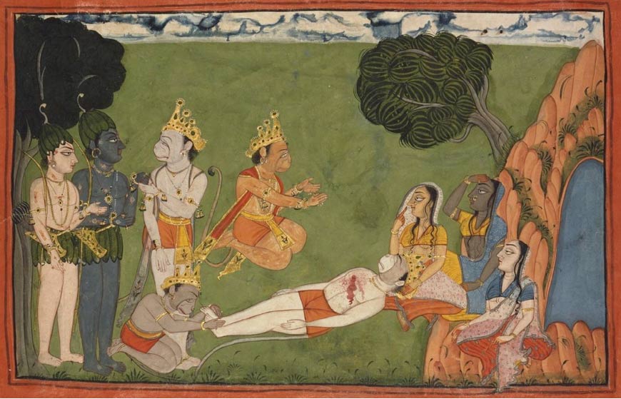 Vali dying. This scene from the Ramayana series is the climax of the struggle for rule of the monkey kingdom. Circa 1720. 