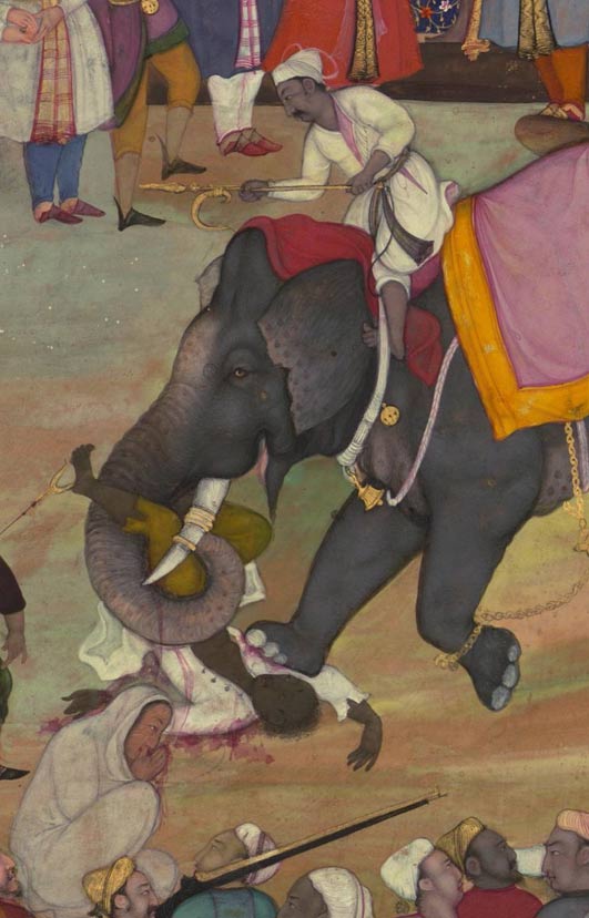 War elephants of the Mughal Empire carry out an execution. 