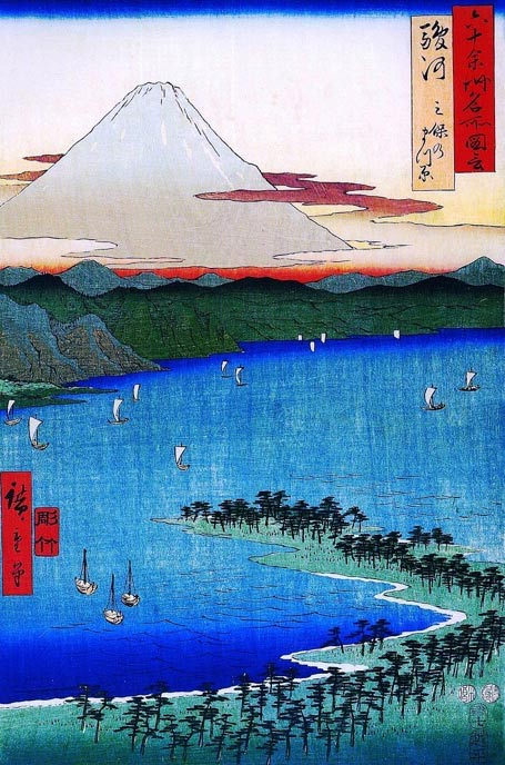 Traditional Japanese artwork with Mount Fuji in the distance. 
