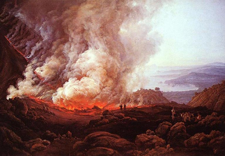 The dramatic eruption of a volcano – a terrifying and astounding natural phenomenon. Vesuvius erupting, painting by Johan Christian Dahl. 