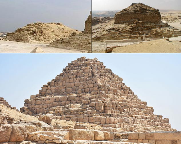 The Queen’s Pyramids of Giza. Top left, G1a “Queen Hetepheres”, Top right G1b “Queen Meritites”, and Bottom G1c “Queen Henutsen.”