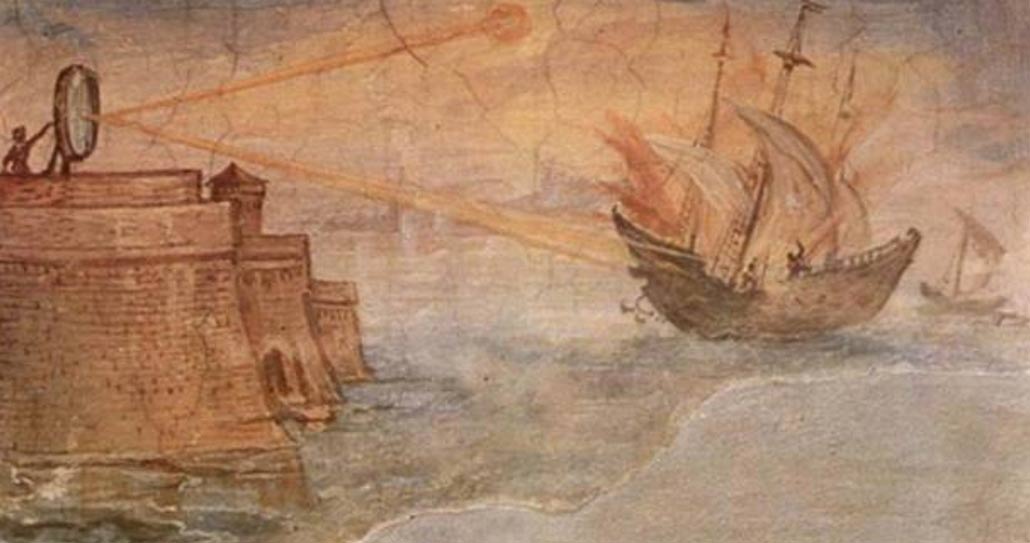 A depiction of how Archimedes may have set the Roman ships on fire with the help of parabolic mirrors. 