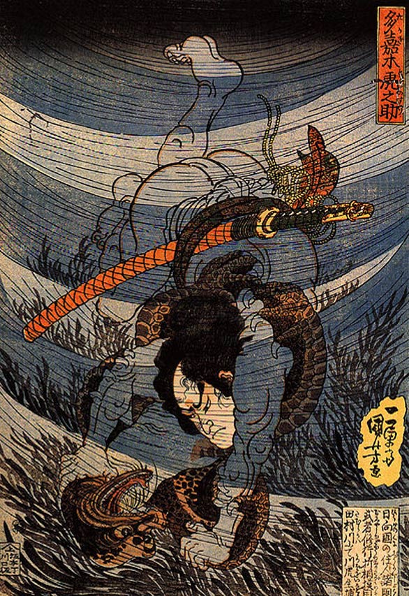 Illustration showing a man wrestling and capturing a kappa underwater. 