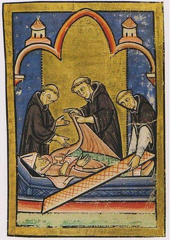 A miniature depicting the miracle where Cuthbert's body is discovered incorrupt. 