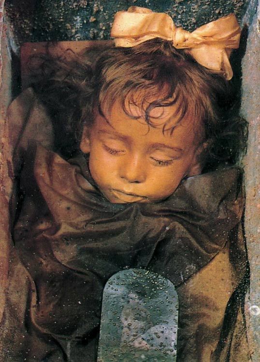 The mummy of the child Rosalia Lombardo (1918-1920) exposed in the cemetery of the Capuchins in Palermo.