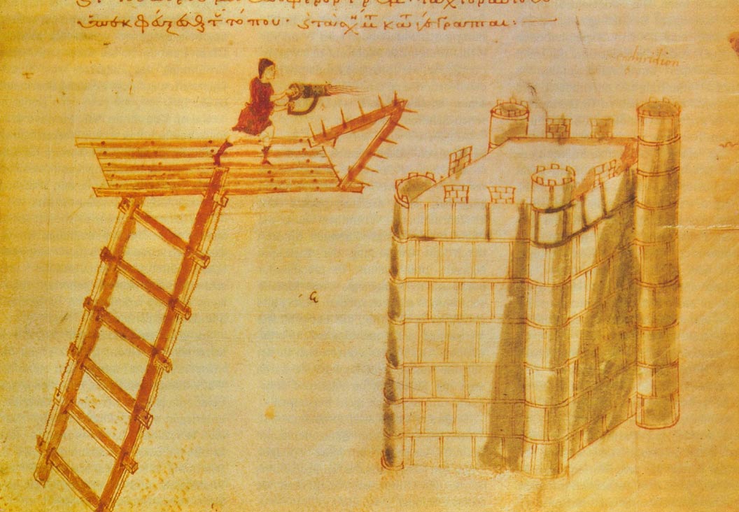 Use of a cheirosiphōn ("hand-siphōn"), a portable flamethrower, used from atop a flying bridge against a castle.