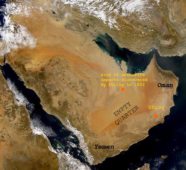 A satellite photograph of southern Arabia showing suspected sites of a lost city, and the meteorite impact zone. 