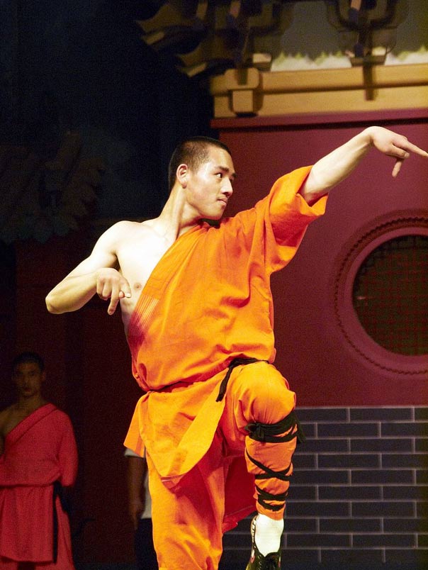 A shaolin student doing a Kung Fu moves.