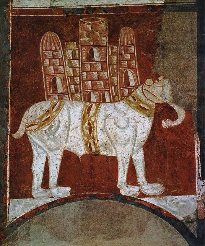 12th century Spanish painting of a war elephant. The elephant carries an elaborate howdah. 